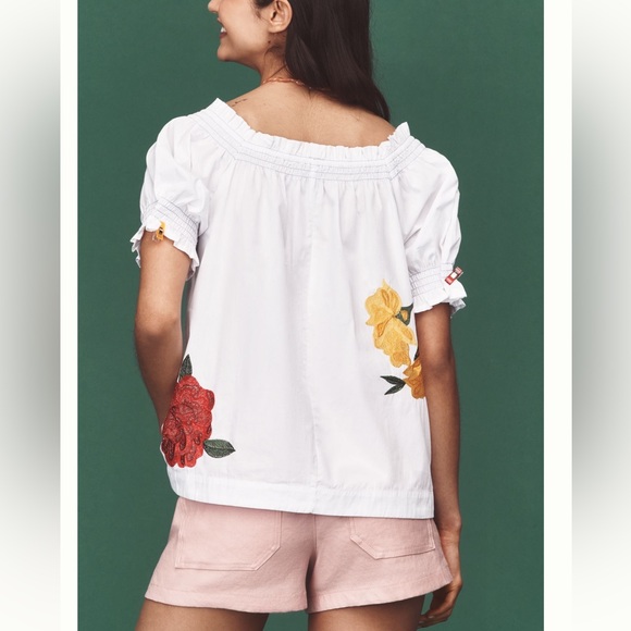 Nwt puffed sleeve tie front embroidered blouse anthro - Picture 3 of 10